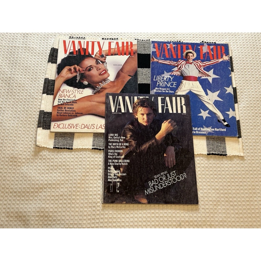 Vanity Fair Magazines 1986 (Lot Of 3) Sean Penn, Bianca Jagger + Ron Reagan Jr